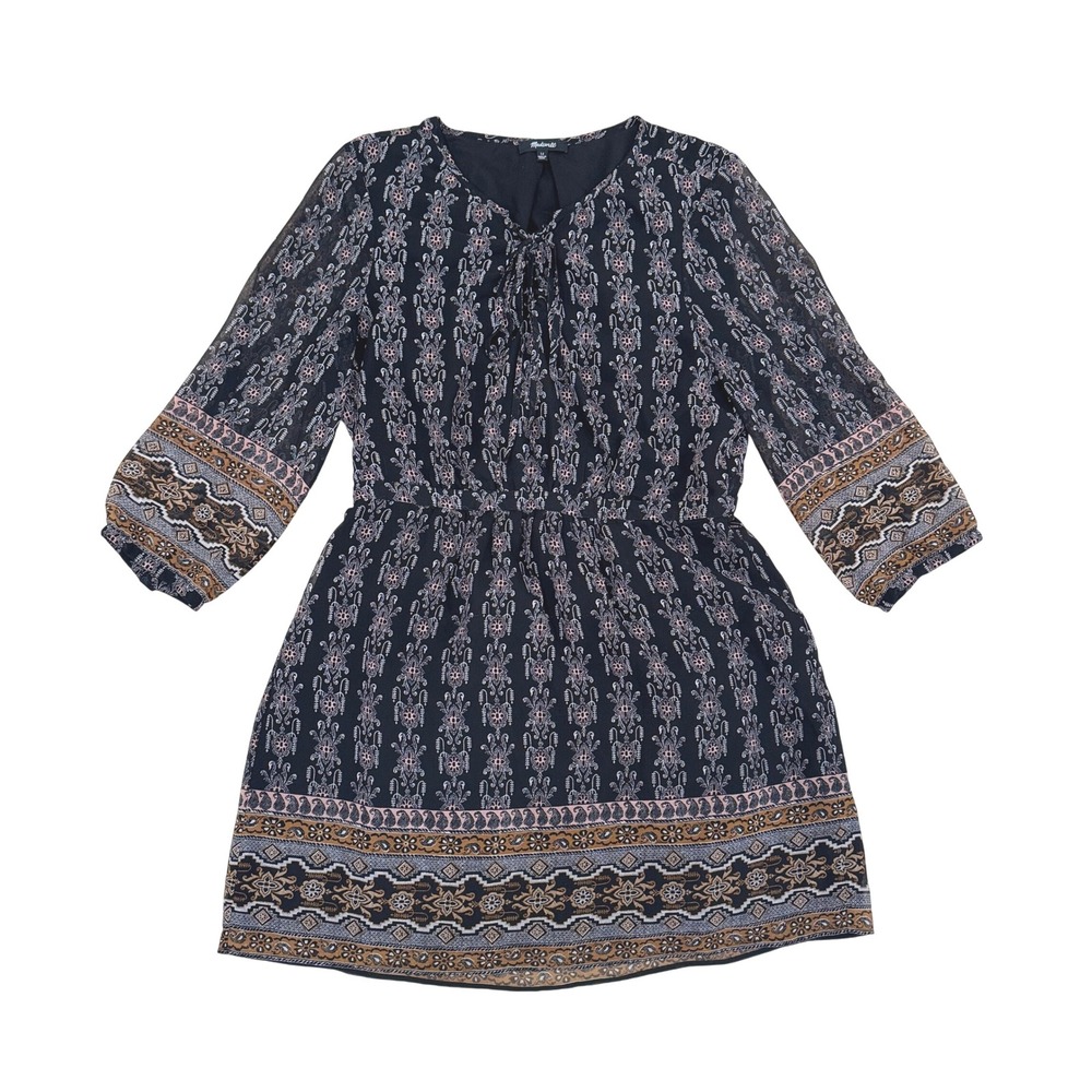 Madewell Long Sleeve Mini Dress Damask Print Allover Cinched Waist Blue 12 Boho - Picture 2 of 15